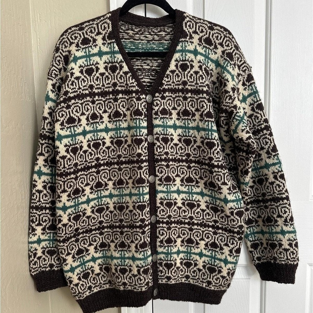Vintage Hand-Knit Wool Fair Isle Nordic Cardigan - Brown & Cream - Metal Buttons